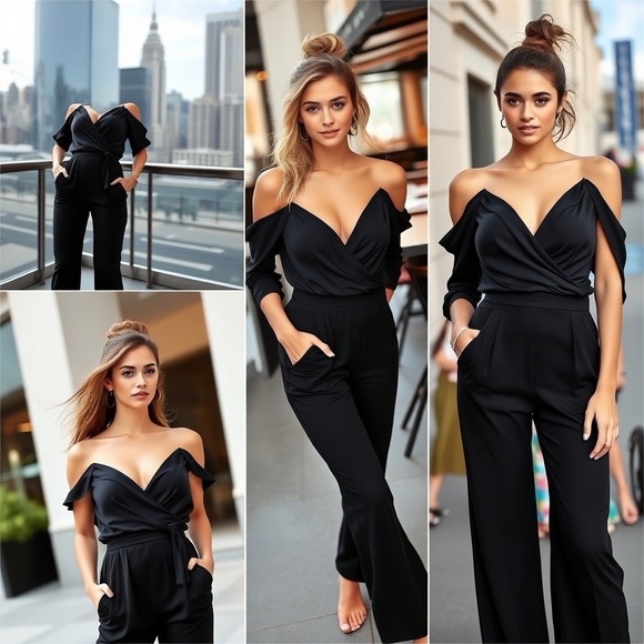 Nicole Miller Pants - Nicole Miller Jumpsuit Women's Size M Black Open Shoulder Long Sleeve